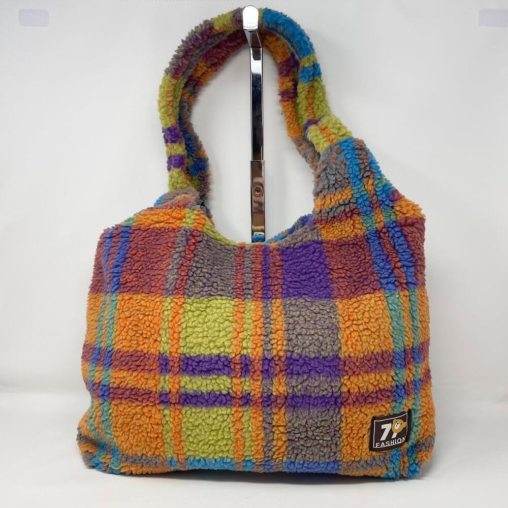 Fluffy Teddy Fur Tote Bag Orange‎ Purple Plaid Retro Shopper Orange Purple Blue